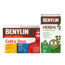 Front packaging of BENYLIN® Herbal Cough Syrup Ivy Leaf, 100 mL and Extra Strength Cold & Sinus DAY/NIGHT Tablets, 20 count.