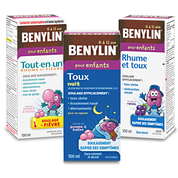 Trois produits BENYLIN® Pour enfants Tout‑en‑un®, pour le rhume, la toux et la fièvre