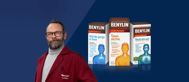 Bannière illustrant trois produits Benylin : Mal de gorge et toux; Tout-en-un; Toux sèche