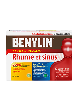 Duo pratique BENYLIN® Rhume et sinus Jour/Nuit, 24 comprimés. Soulage : Douleur sinusale, congestion nasale, mal de tête et écoulement nasal (comprimés Nuit seulement)  