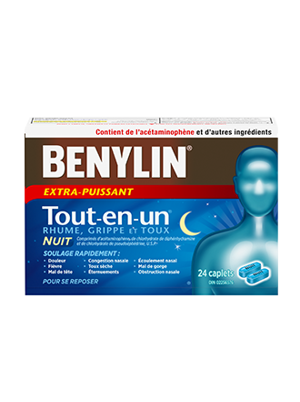 Comprimés BENYLIN® Extra-puissant Rhume et sinus PLUS+, 24 comprimés. Soulage : Douleur sinusale, congestion nasale et fièvre. 