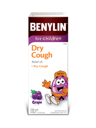 Sirop BENYLIN® pour enfants Toux sèche, saveur de raisin, 100 ml. Soulage : Toux sèche.