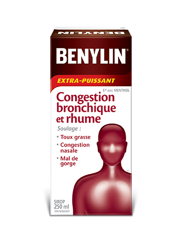Sirop BENYLIN® Extra-puissant Congestion bronchique et rhume, 250 ml. Soulage : Toux grasse, congestion nasale et mal de gorge.