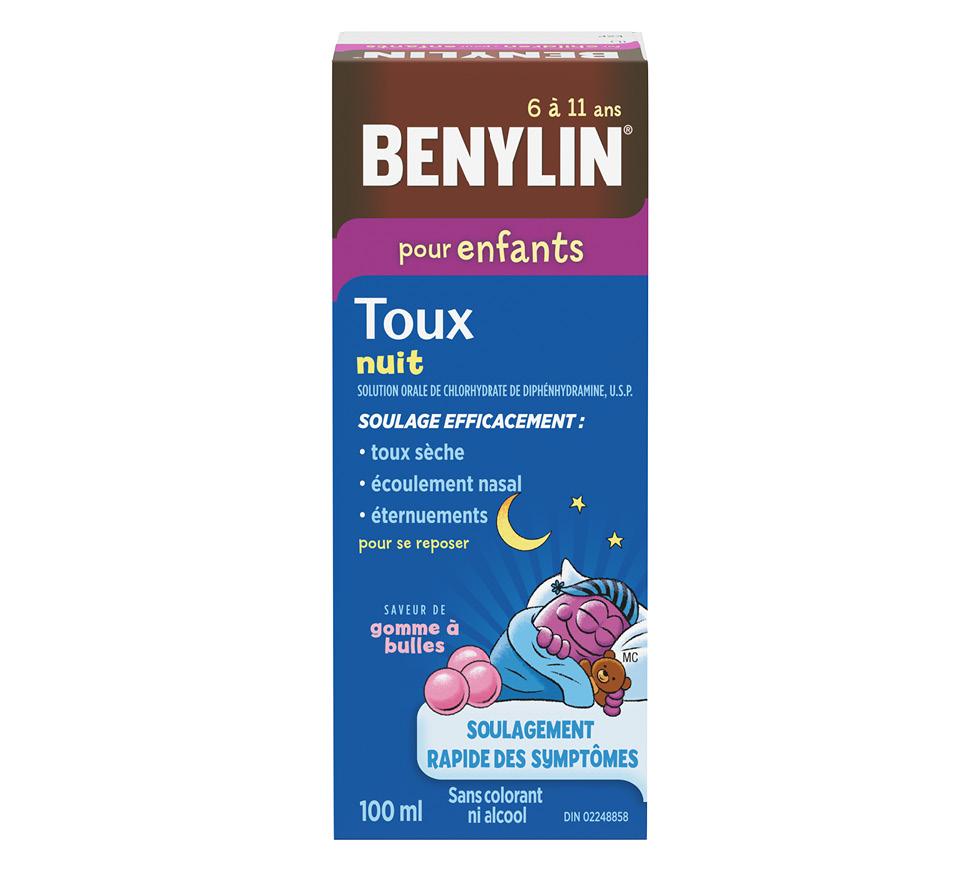 Sirop antitussif BENYLIN® Nuit pour enfants, saveur de gomme à bulles, 100 ml.