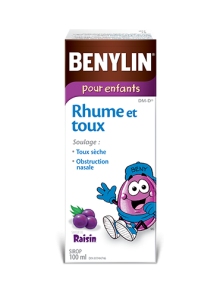 Sirop BENYLIN® pour enfants Rhume et toux, saveur de raisin, 100 ml. Soulage : Toux sèche et obstruction nasale.